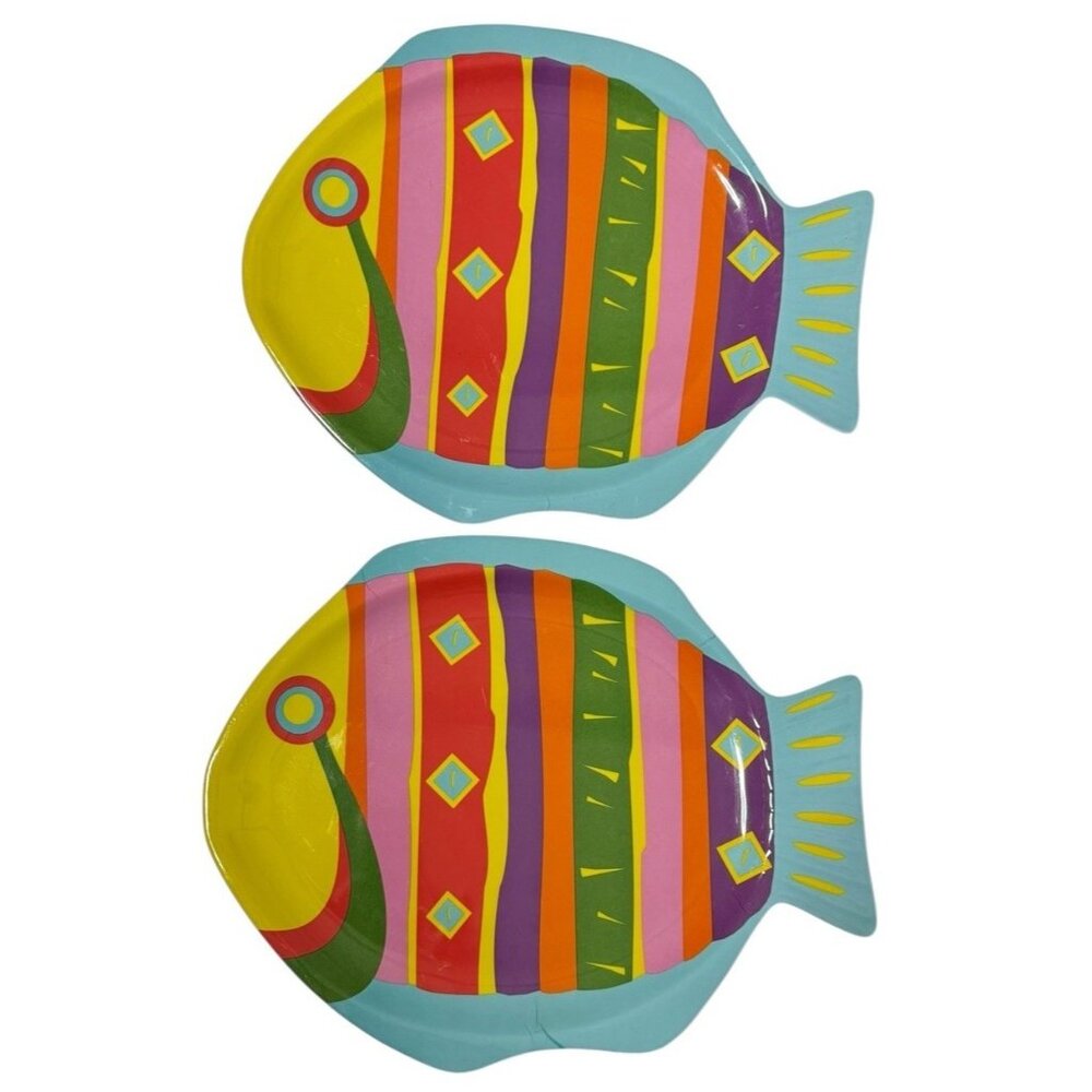 2 Near Vintage Melamine Fish Platters Bold Bright Colorful Indoor Outdoor Use